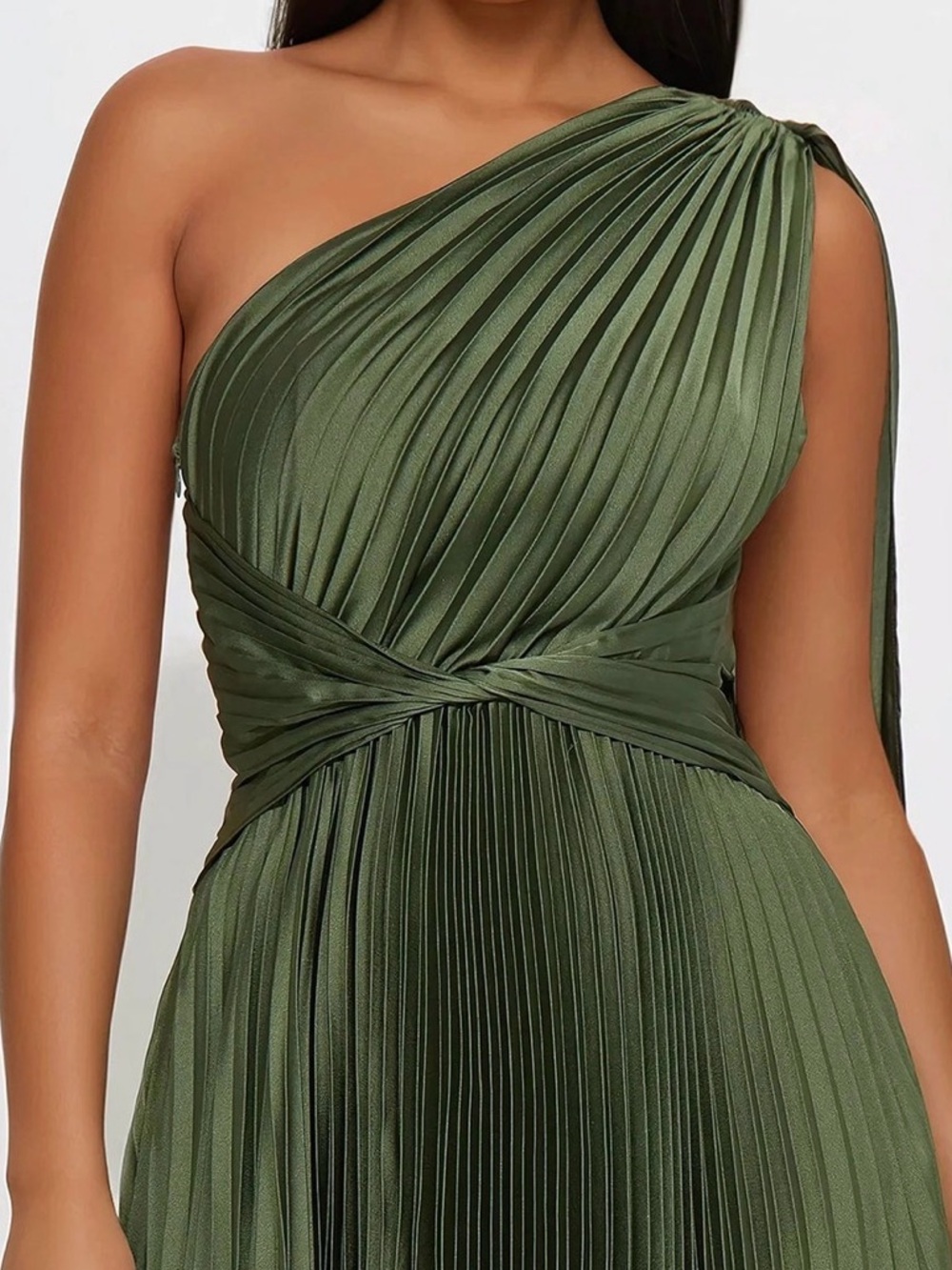 Olive One-Shoulder Pleated Gown - Picture 4 of 4